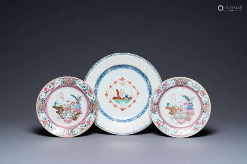 A pair of Chinese famille rose plates and a bianco sopra bia...