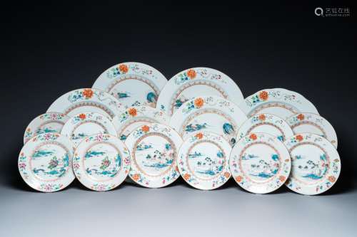 Sixteen Chinese famille rose dishes with fine landscapes, Qi...