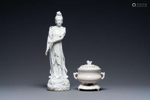 A Chinese Dehua blanc de Chine figure of Guanyin and a cover...