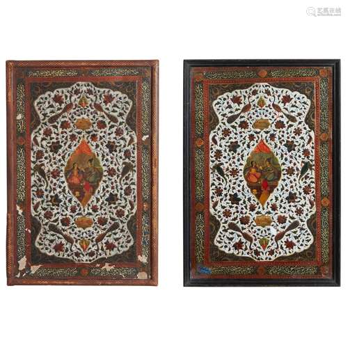 TWO QAJAR LACQUERED LEATHER PAPIER MACHE BOOK COVERS PERSIA,...