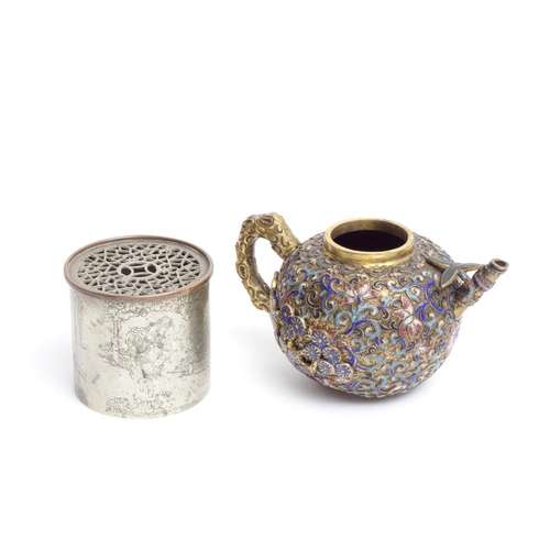 A CHAMPLEVÉ ENAMEL TEAPOT AND A PAKTONG PARFUMIER 18th/19th ...