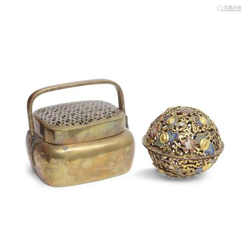 A CHAMPLEVÉ ENAMEL AND GILT COPPER SPHERICAL PERFUME HOLDER ...