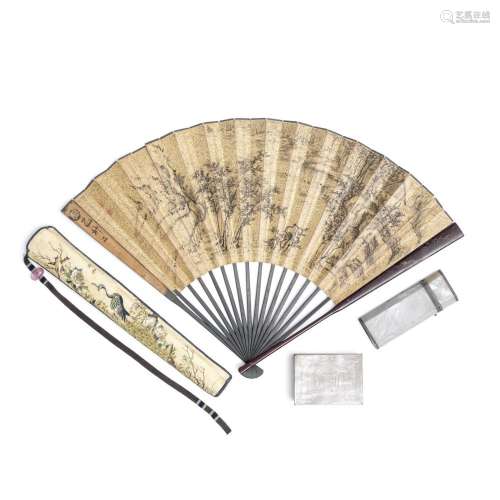 A GROUP OF MOTHER-OF-PEARL ITEMS AND A FAN IN AN EMBROIDERED...