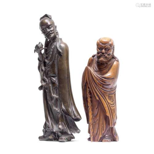 A BRONZE MODEL OF A SCHOLAR AND A BOXWOOD CARVING OF A LUOHA...