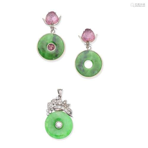 A DIAMOND AND JADEITE PENDANT AND A PAIR OF TOURMALINE AND G...