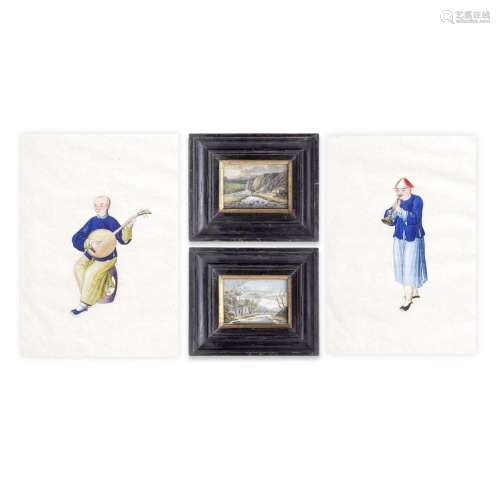 A PAIR OF SMALL EXPORT LANDSCAPE PAINTINGS ON RICEPAPER AND ...