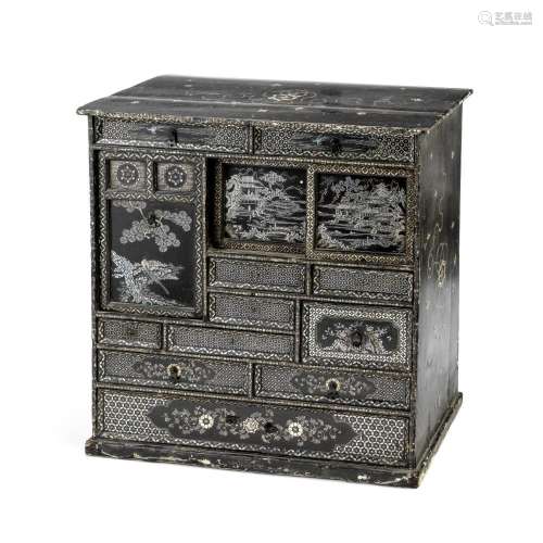 A RYUKYU MOTHER-OF-PEARL INLAID BLACK LACQUER CABINET 19th c...