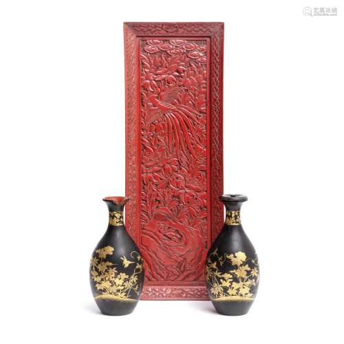 A PAIR OF LACQUERED SAKE BOTTLES AND A CARVED MING STYLE LAC...