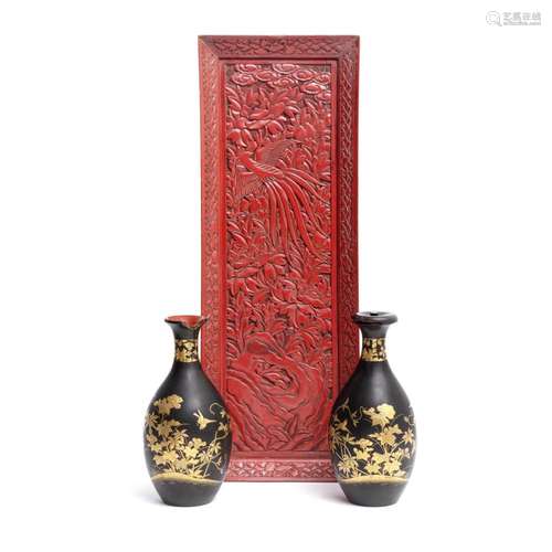 A PAIR OF LACQUERED SAKE BOTTLES AND A CARVED MING STYLE LAC...