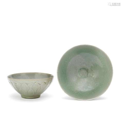 TWO MOULDED CELADON-GLAZED BOWLS Korea, Goryeo Dynasty (2)