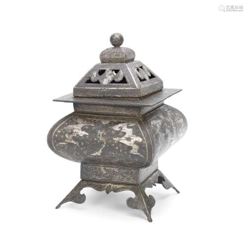 A SILVER WIRE-INLAID IRON INCENSE BURNER AND COVER Korea, 19...