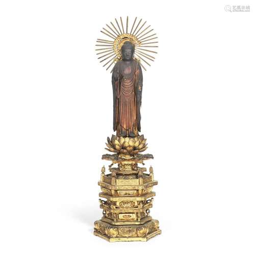 A CARVED AND GILDED WOOD STANDING FIGURE OF AMIDA BUDDHA Edo...