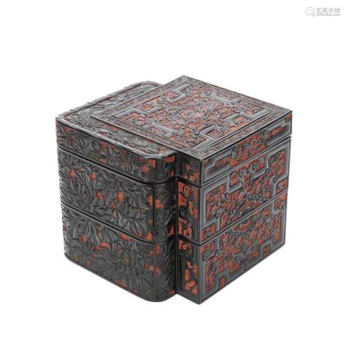 A CARVED TIERED LACQUERED WOOD BOX AND COVER Japan, 19th cen...