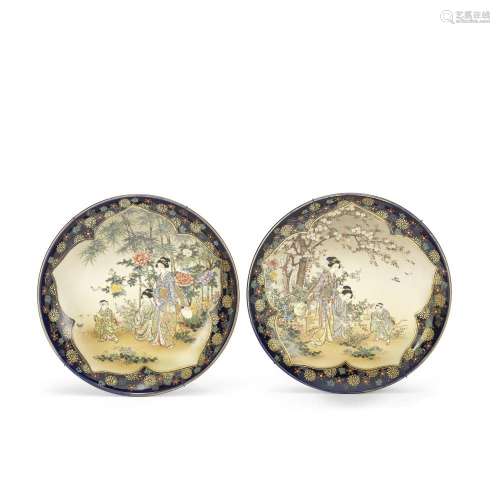 A PAIR OF COBALT-BLUE GROUND SATSUMA DISHES By Kinkozan, Mei...