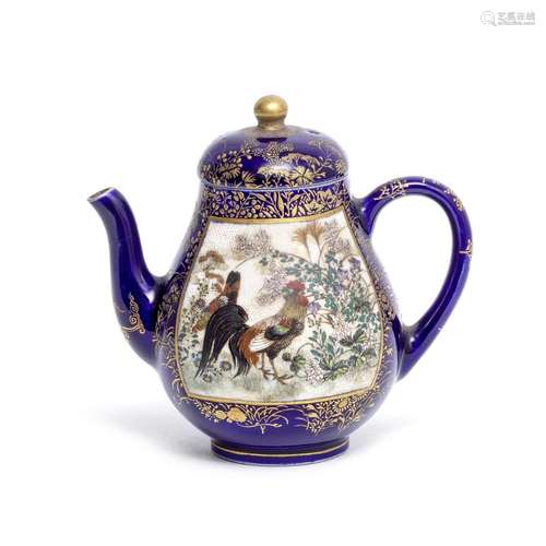 A SMALL BLUE-GROUND SATSUMA TEAPOT AND COVER By Kinkozan, Me...