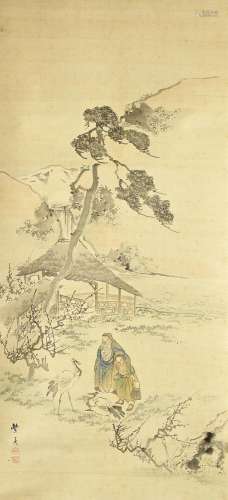 OKAMOTO TOYOHIKO (1773–1845) 'Cranes and figures in rive...