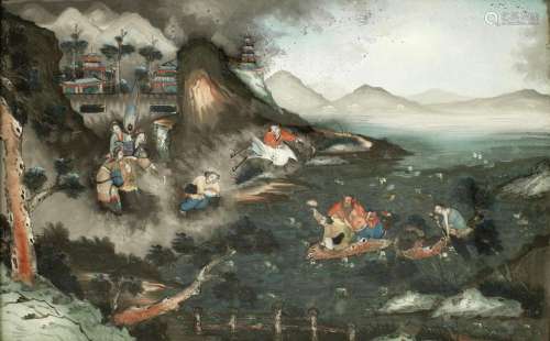 A REVERSE GLASS MIRROR PAINTING OF DAOIST IMMORTALS 19th cen...