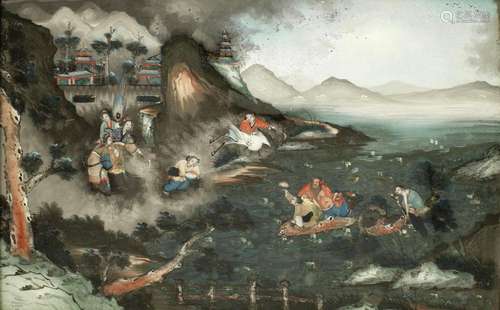 A REVERSE GLASS MIRROR PAINTING OF DAOIST IMMORTALS 19th cen...