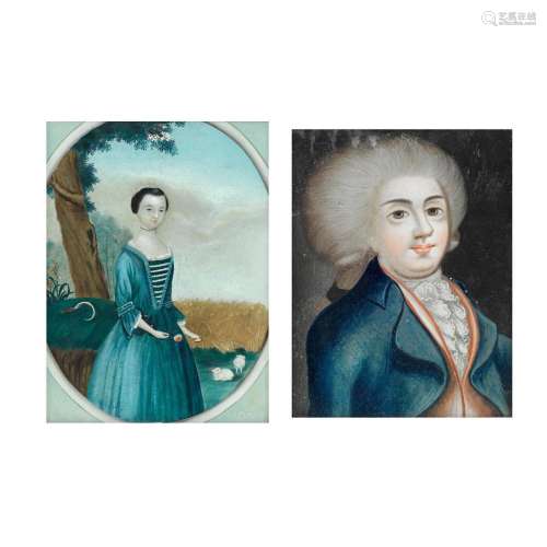 TWO EUROPEAN SUBJECT REVERSE GLASS PAINTINGS 18th century (2...