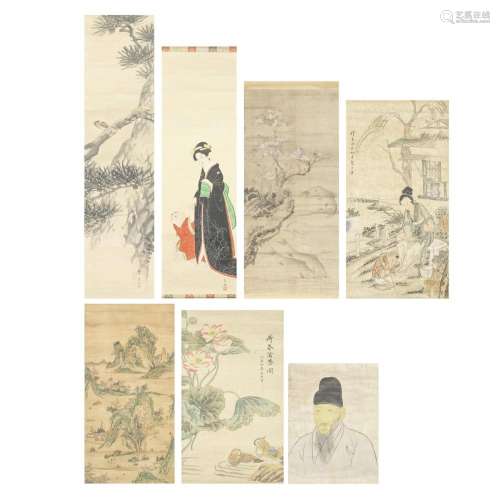 A GROUP OF SEVEN CHINESE AND JAPANESE SCROLL PAINTINGS 19th/...