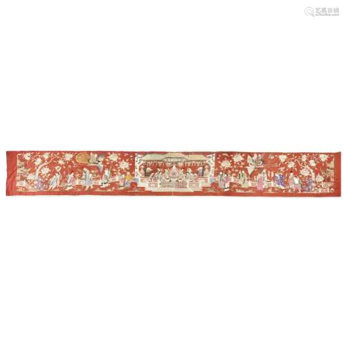A LONG HORIZONTAL RED SILK EMBROIDERED PANEL Circa 1900