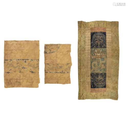 TWO SECTION OF BROWN BROCADES AND A LARGE SILK TABLE COVERIN...