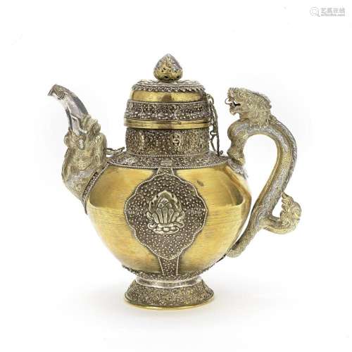 A FINE SILVER AND BRONZE TEAPOT AND COVER Tibet, 18th centur...