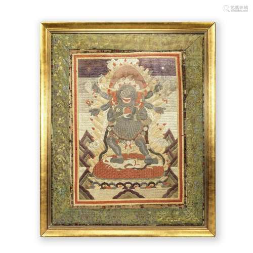 A LARGE SINO-TIBETAN EMBROIDERED THANGKA OF MAHAKALA 19th ce...