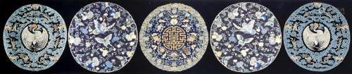 A SILK PANEL WITH FIVE ROUNDELS Qing Dynasty