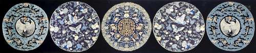 A SILK PANEL WITH FIVE ROUNDELS Qing Dynasty