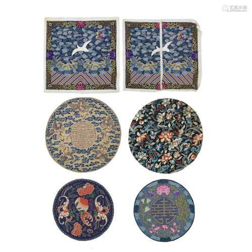 A GROUP OF FOUR EMBROIDERED ROUNDELS AND A PAIR OF GAUZE RAN...
