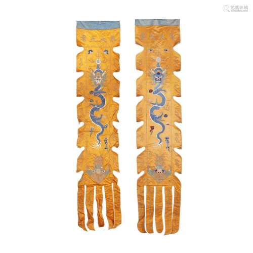 A PAIR OF EMBROIDERED SILK 'DRAGON' TEMPLE WALL HANG...