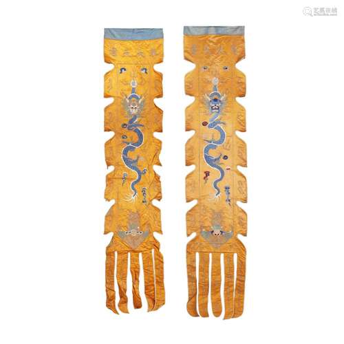 A PAIR OF EMBROIDERED SILK 'DRAGON' TEMPLE WALL HANG...