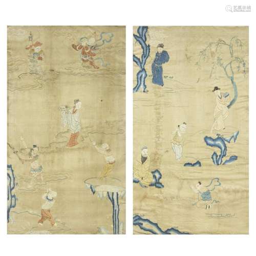 TWO SILK EMBROIDERED PANELS 18th century (2)