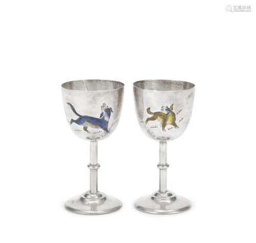 A PAIR OF ENAMEL ON SILVER WINE CUPS Early 20th century (4)