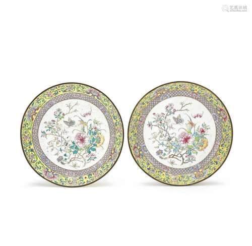 A PAIR OF 'BUTTERFLY AND FLOWERS' PAINTED ENAMEL DIS...