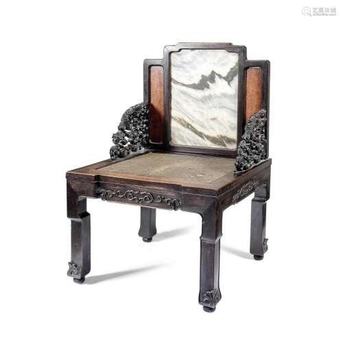 A LARGE MARBLE AND BURR WOOD INSET HARDWOOD CHAIR Qing Dynas...