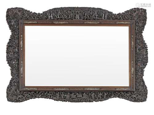 A LARGE CARVED HARDWOOD 'CANTON' MIRROR 19th century