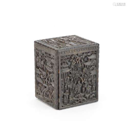 A CANTON CARVED COMPARTMENTED TORTOISESHELL BOX AND COVER 19...