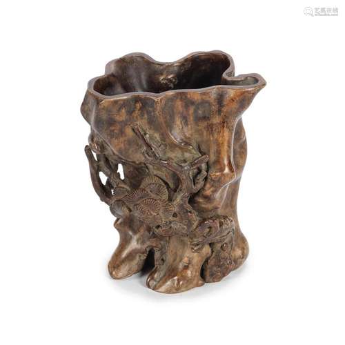 AN ALOESWOOD AND BOXWOOD BRUSHPOT 18th century