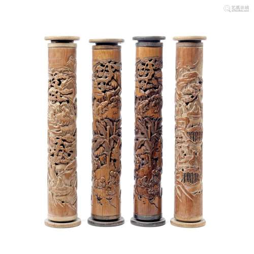 A GROUP OF FOUR BAMBOO SCROLL CASES 20th century (4)