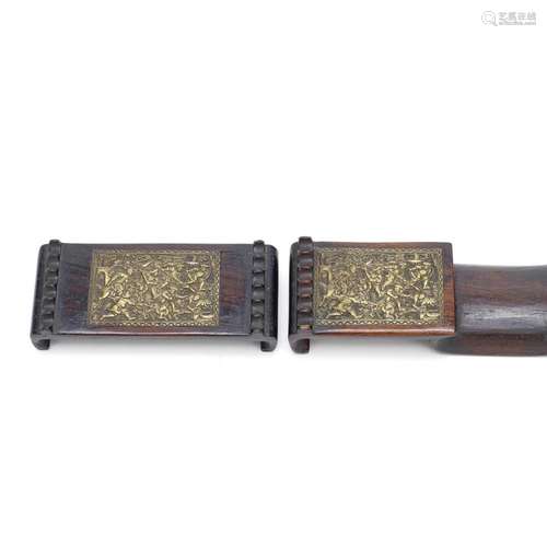 A PAIR OF WOOD AND REPOUSSÉ BRUSH RESTS 18th century (2)