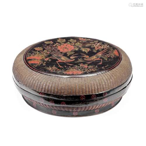 A LARGE PAINTED LACQUER AND BASKETRY CIRCULAR BOX AND COVER ...