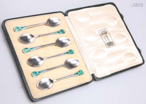 A SET OF SIX GEORGE VI SILVER AND ENAMEL COFFEE SPOONS