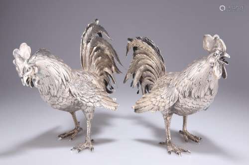 A FINE PAIR OF FRENCH SILVER COCKERELS