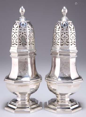 A LARGE PAIR OF GEORGE VI SILVER SUGAR CASTERS