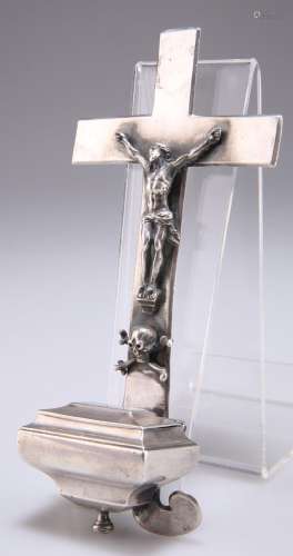 AN 18TH CENTURY FRENCH SILVER CROSS AND HOLY WATER STOOP