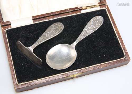 A GEORGE V SILVER 'LITTLE BOY BLUE' BABY'S SPOON AND PUSHER