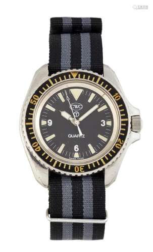 A CWC ROYAL NAVY DIVERS ISSUE WATCH. Black dial with triangl...