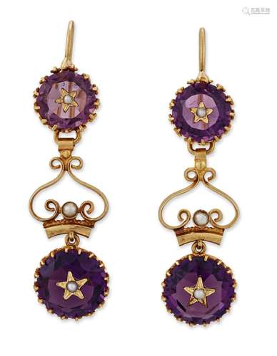 A PAIR OF AMETHYST AND SEED PEARL PENDANT EARRINGS